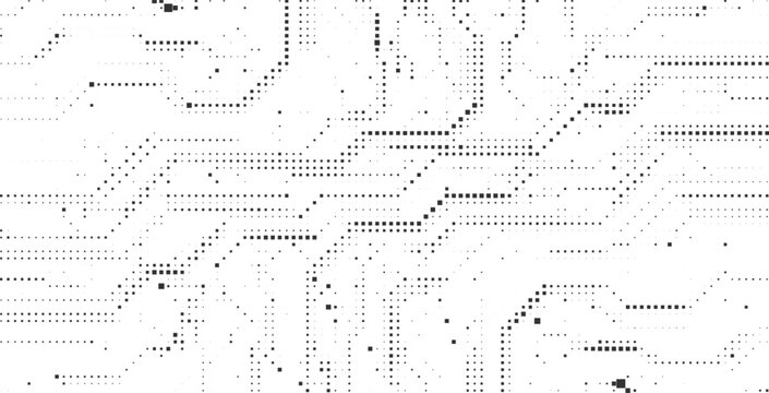Halftone dotted circuit pattern creating dynamic electronic pathways across a clean modern tech background ideal for futuristic digital concepts and innovative technology designs