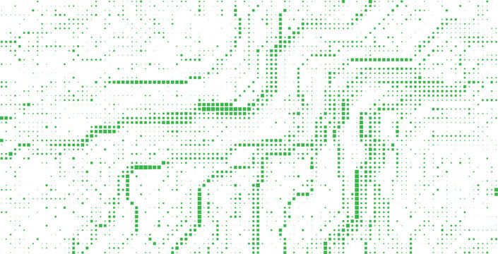 Green halftone data circuit pattern forming abstract flowing digital network background with dotted electronic pathways ideal for futuristic technology visuals and innovation themes
