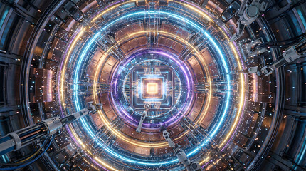 Wide-Angle Quantum Computing Core, Futuristic Quantum Computer Interior, Floating Particles High-Tech View