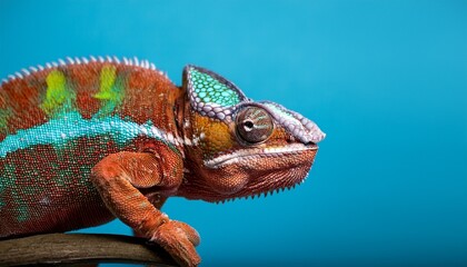 Obraz premium Colorful Chameleon On A Blue Background Generative Ai