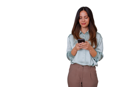 Woman with vitiligo texting on smartphone, browsing social media, isolated on transparent background