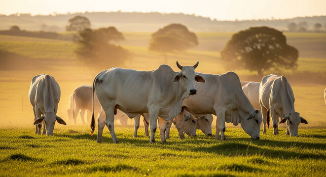 Gado nelore branco pastando em campo verde ao p&ocirc;r do sol