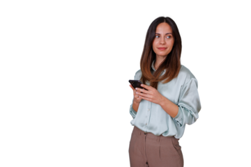 Woman holding smartphone looking away, connecting with technology, online communication, digital networking, mobile application