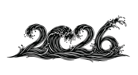 Dynamic ocean waves forming the year 2026, symbolizing new beginnings and powerful change.