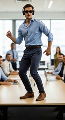 A confident businessman dancing joyfully on a conference table, headphones on and sun-glasses, embraced by a group of attentive colleagues and symbolizing office fun and success.