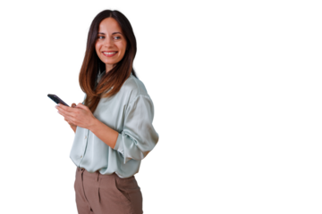 Elegant businesswoman holding mobile phone texting and smiling, looking away, using modern communications, transparent background