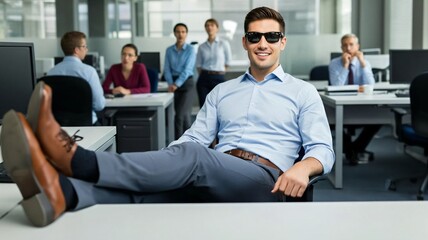 Confident office worker enjoying a moment of leisure with feet up at their desk, exuding a sense of relaxation and accomplishment.