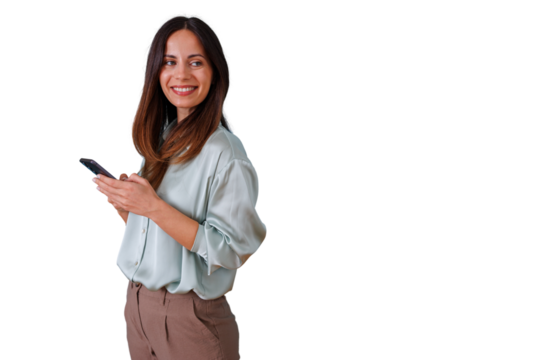 Elegant businesswoman holding mobile phone texting and smiling, looking away, using modern communications, transparent background