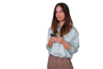 Woman holding phone, smiling, browsing social media on transparent background for business communication