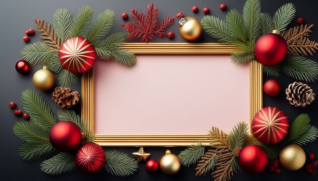 Beautiful Christmas Frame Adorned With Red And Gold Ornaments And Pine Perfect For Festive Greetings And Holiday Decorations