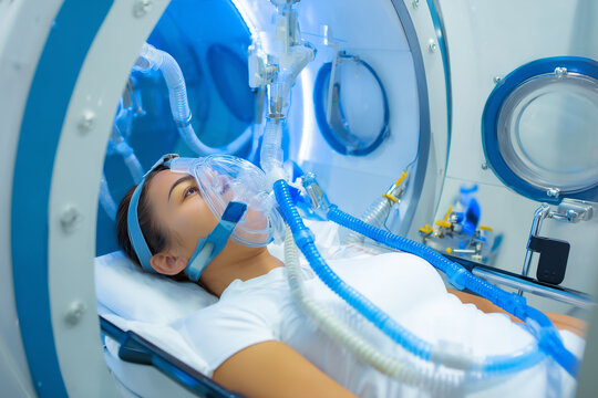 Hyperbaric oxygen therapy for wound healing and life longevity. Person using HBOT chamber for skin rejuvenation	
