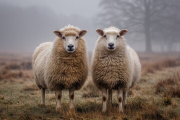 Fototapeta premium Two Sheep Standing in Misty Meadow During Early Morning