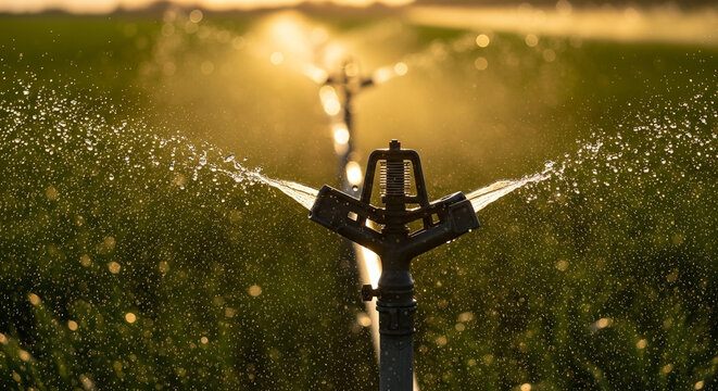 Aspersor agr&iacute;cola pulverizando &aacute;gua em planta&ccedil;&atilde;o