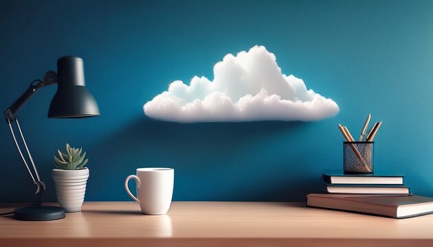 Abstract Art Of A Cloud Over A Desk With A Lamp Coffee Mug And Books