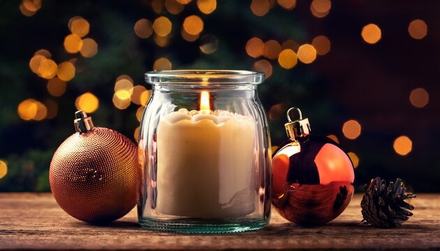 Christmas Holiday Burning Candle In A Glass Jar