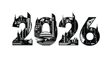 Futuristic cityscape art forming the year 2026, symbolizing progress and the future.