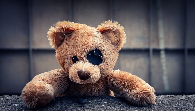 Torn And Damaged Teddy Bear With Missing Eye