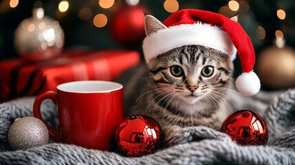Adorable tabby kitten wearing festive Santa hat with Christmas ornaments and warm mug, perfect for holiday greetings and seasonal promotions