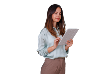 Professional businesswoman using a digital tablet, focused on work, managing tasks, isolated on transparent background