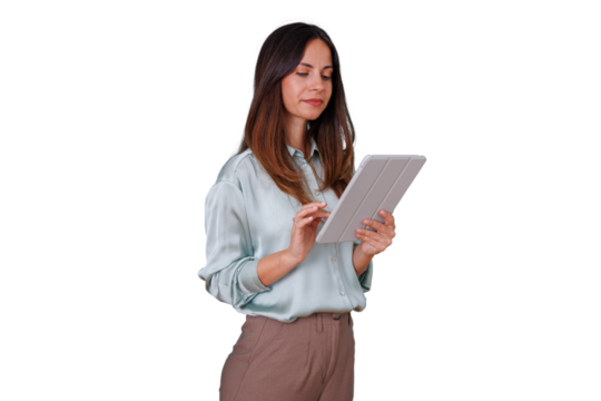 Professional businesswoman using a digital tablet, focused on work, managing tasks, isolated on transparent background - Powered by Adobe