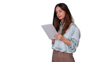 Fototapeta premium Businesswoman using digital tablet for modern communication and workflow, working on transparent background