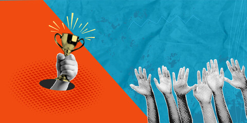 A modern halftone horizontal collage in a pop art style. A cut-out hand holds a trophy, symbolizing achievement, victory, and success. Several hands reach for the cup. vector illustration.