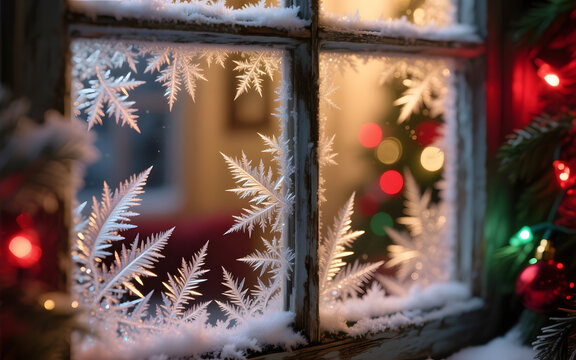 View through rustic frosted window frame at cozy Christmas living room
