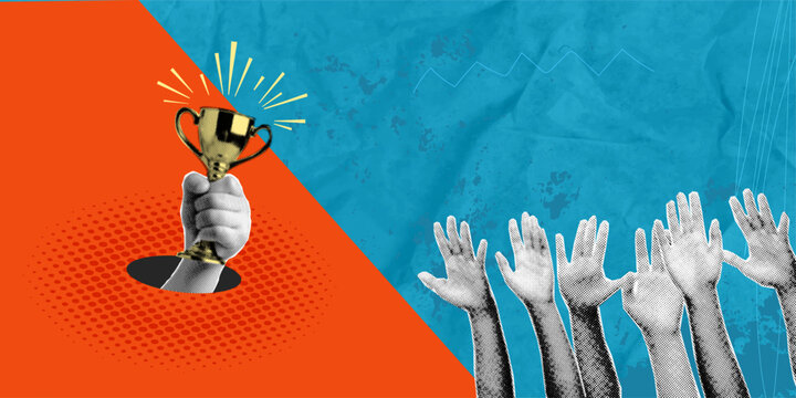 A modern halftone horizontal collage in a pop art style. A cut-out hand holds a trophy, symbolizing achievement, victory, and success. Several hands reach for the cup. vector illustration.