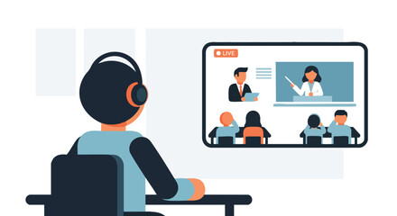 Student or user watching a live online lecture or educational webinar presented by two instructors on a large screen with headphones.