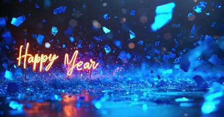 Bright neon text spells Happy Year over sparkling blue confetti. Festive scene evokes celebration, joy, new beginnings.