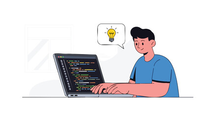 Male programmer or student coding on a laptop with a sudden new idea represented by a lightbulb.