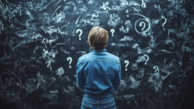 Person Looking at Wall Full of Scribbles and Unsolved Questions on Chalkboard