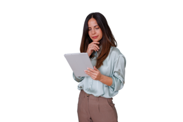 Businesswoman thinking, reading on tablet, analyzing professional data, planning next steps, transparent background