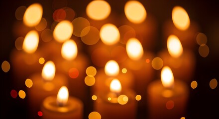 Warm lit candles surrounded by glittering gold, red, and orange bokeh effect.