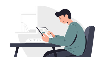 Young male student or professional reading digital news or educational content on a tablet while sitting at a desk.