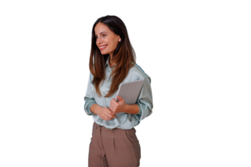 Professional businesswoman smiling, holding a tablet, looking away with thoughtful expression on transparent background