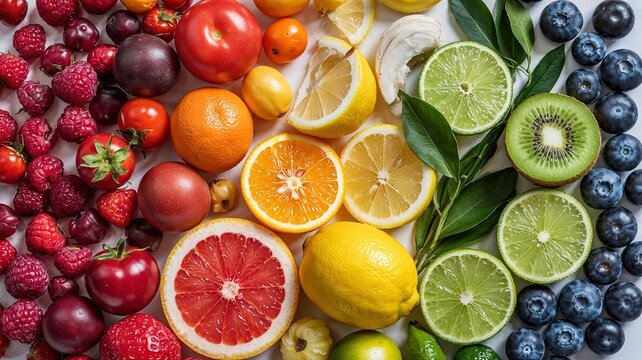Colorful Fruit Assortment with Berries, Citrus, and Tropical Fruits on White - Powered by Adobe