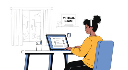 Female student taking a proctored virtual online exam or quiz from home on a laptop with headphones.