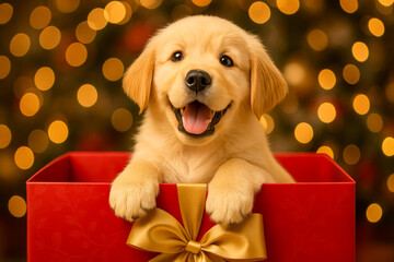 Golden retriever puppy in red gift box with gold bow and festive Christmas lights background
