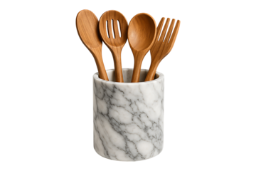 Wooden Kitchen Utensils in Marble Holder Isolated on a Transparent Background