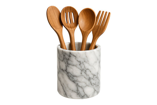 Wooden Kitchen Utensils in Marble Holder Isolated on a Transparent Background