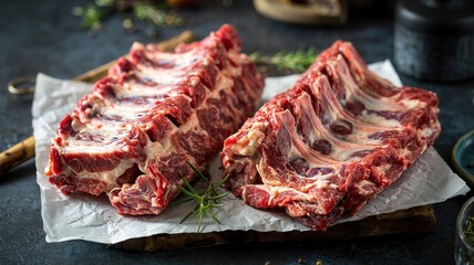 Raw Lamb Ribs Ready for Grilling with Fresh Rosemary Garnish