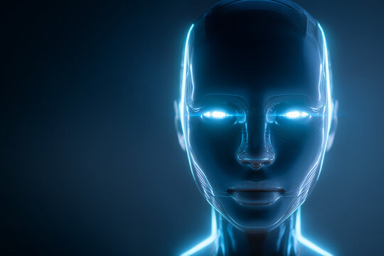 a sleek and modern ai robot head glowing with blue neon lights, the face is digital screen no nose no mouth, the eyes is a Rectangular blue light screen