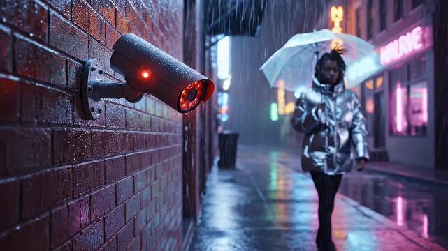 Security camera watches person walking on rainy city street