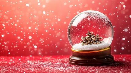 Festive snow globe on red background with falling snow for magical Christmas season promotions and winter holiday cards, radiating cheer and warmth