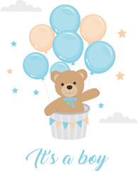 Teddy bear in hot air balloon. It's a boy inscription. Illustration for birthday card, invitation, party, baby shower, cover.