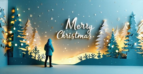 Obraz premium Papercraft scene depicts winter landscape, child viewing festive trees. Bright lights illuminate snowy hills, joyful message visible.