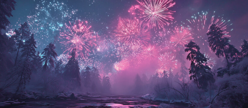 Magical forest illuminated by vibrant pink and blue fireworks display at night - Powered by Adobe