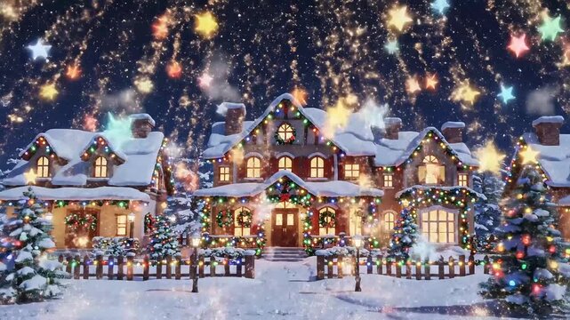Magical winter holiday scene unfolds with charming houses twinkling, Christmas trees sparkling with lights, festive fireworks illuminating the night sky - Powered by Adobe