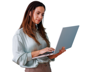 Professional woman working on laptop, managing business, online communication, remote job, digital technology